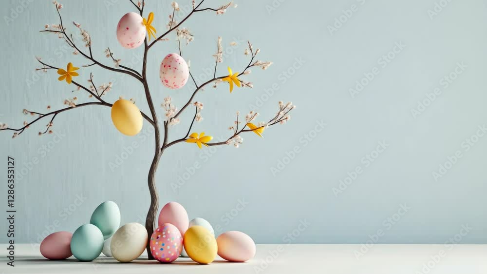Pastel easter eggs hanging on blooming tree with blossoms and bird decorations