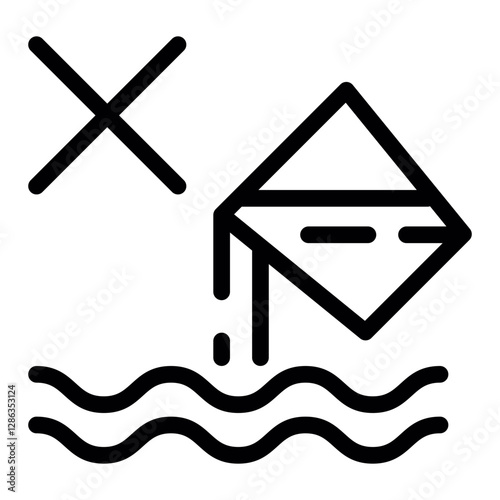 icon of a container pouring liquid into water with an "X" symbol representing a prohibition against dumping substances into water bodies.