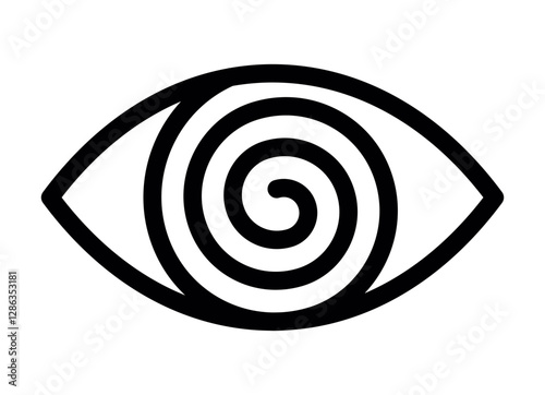 A black and white icon of an eye with a spiral inside representing dizziness visual impairment hypnosis or disorientation.