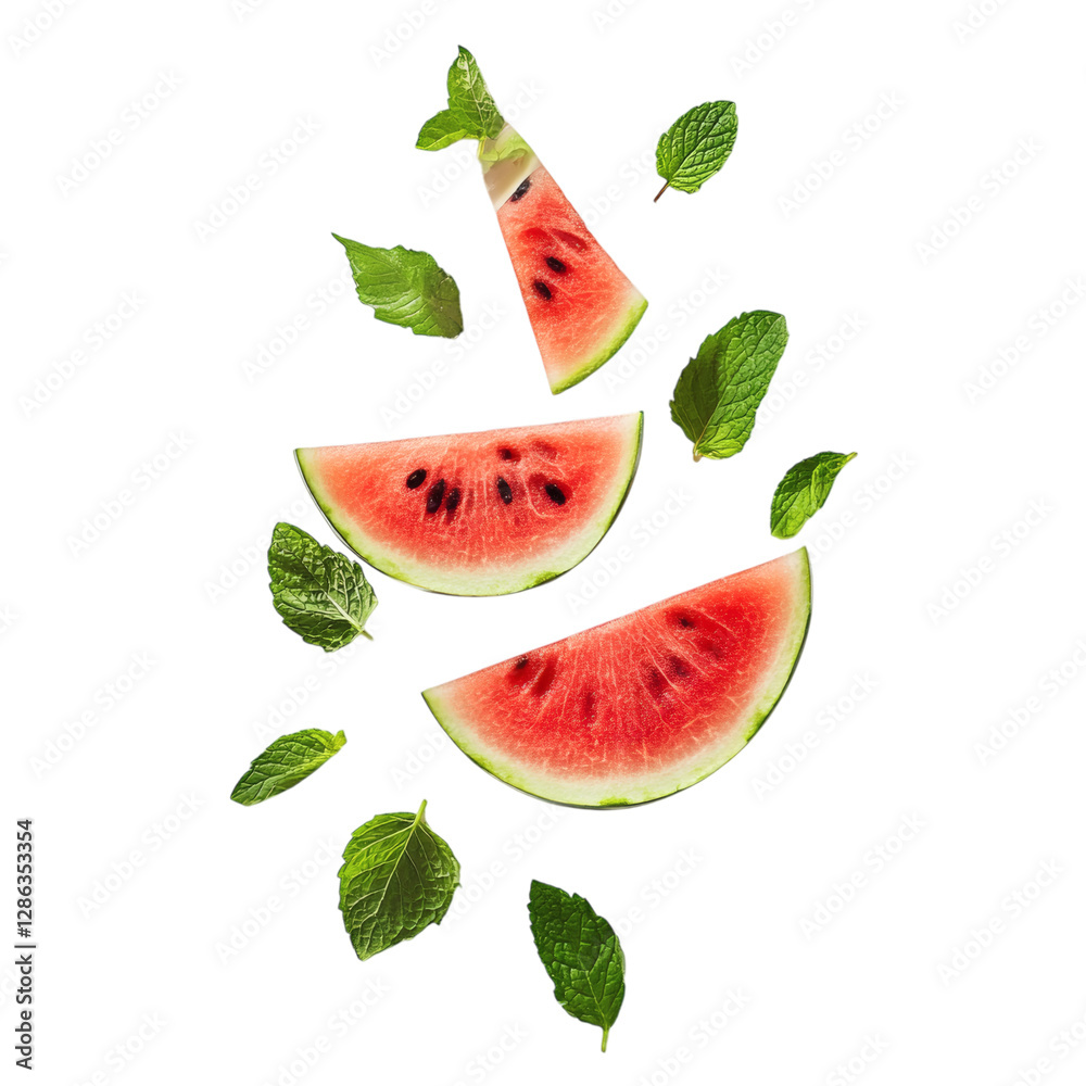Fresh Watermelon Slices with Mint Leaves Isolated on Transparent Background Fresh Watermelon Slices with Mint Leaves Isolated on Transparent Background