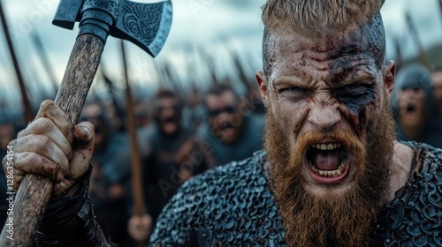 A fierce warrior, battle-worn and enraged, raises his axe amidst a chaotic battlefield filled with formidable opponents, embodying raw emotion and the spirit of conflict.