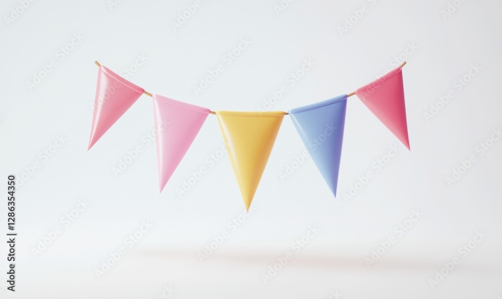 Pastel pennant flags hanging on string against white background for festive decor Pastel pennant flags hanging on string against white background for festive decor