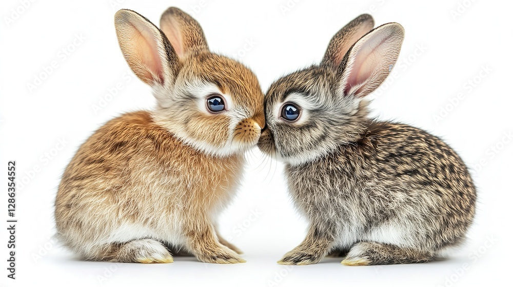 Obraz premium Two adorable baby rabbits kissing on a white background, detailed illustration of love and affection