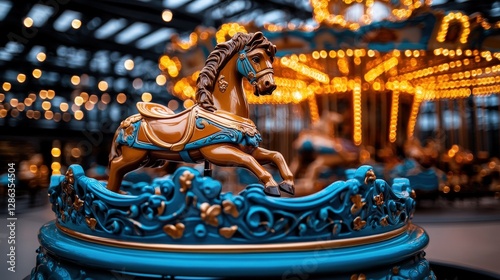 A beautifully crafted carousel horse shines brightly against a backdrop of warm ambiance, showcasing intricate design and evoking a sense of nostalgia and joy.