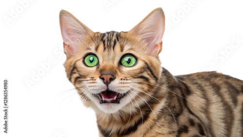 Close-up of a playful tabby cat with bright green eyes, isolated 