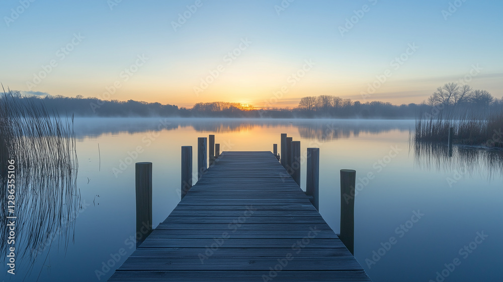 Fototapeta premium Tranquil sunrise over a calm lake, evoking peace and serenity