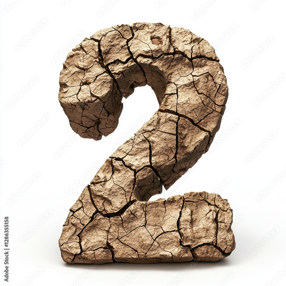 Number 2 made of cracked desert rock with dry, weathered patterns and deep fissures isolated on a clean white background Number 2 made of cracked desert rock with dry, weathered patterns and deep fissures isolated on a clean white background