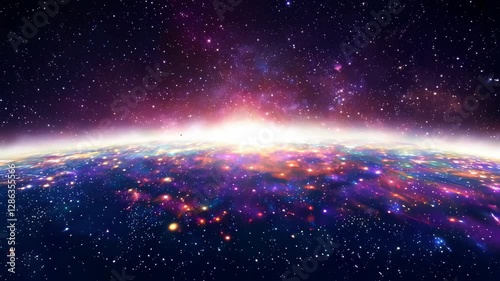 Spectacular cosmic sunrise over earth with vibrant celestial colors and starry night transition