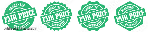 Fair price insignia set in different style. Best price guarantee badge for retail and marketing. Affordable rate certification stamp for business deals. Discounted price assurance emblem for promotion
