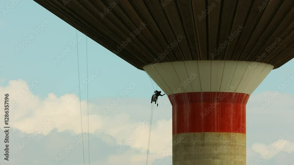 Acrobatic building worker performing restoration on an old brutalist aqueduct suspended by ropes with safety harness featuring industrial architecture construction techniques structural maintenance