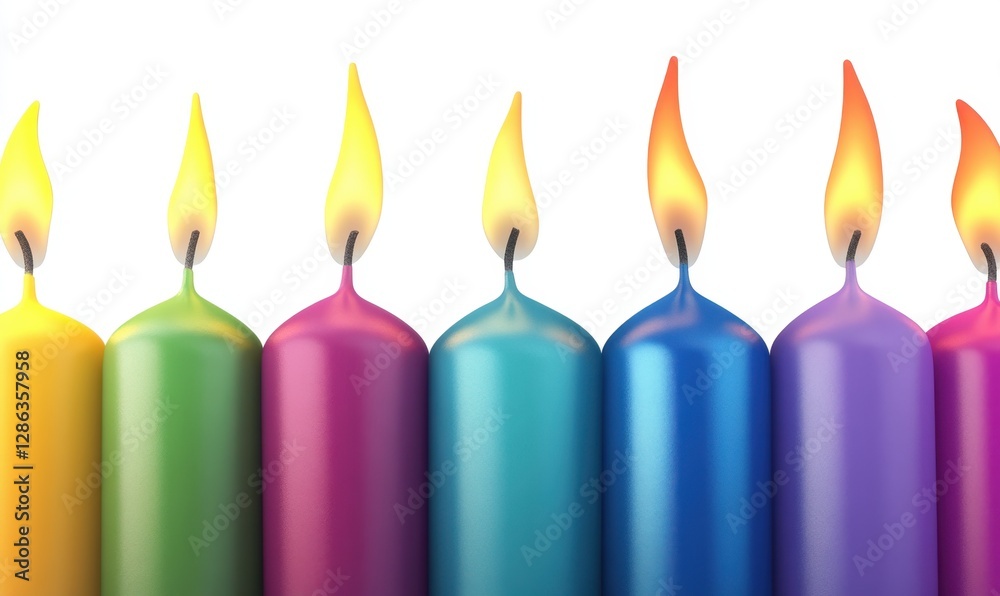 Row of colorful lit birthday candles on white background Row of colorful lit birthday candles on white background