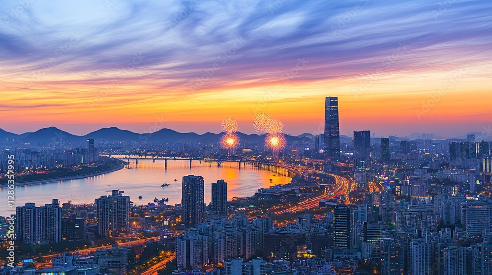 Obraz premium Seoul Cityscape at Sunset with Fireworks Over the Han River