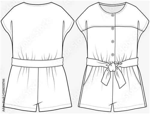 MAGYAR SLEEVES, DOLMAN SLEEVES JUMPSUIT WITH SELF FABRIC BELT TIE DETAIL DESIGNED FOR KID GIRLS, TWEENS AND TEEN GIRLS IN VECTOR FILE