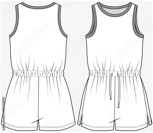 SPORTY KNIT PLAYSUIT WITH DOLPHIN HEMLINE DETAIL DESIGNED FOR KID GIRLS TWEENS, AND TEEN GIRLS IN VECTOR FILE