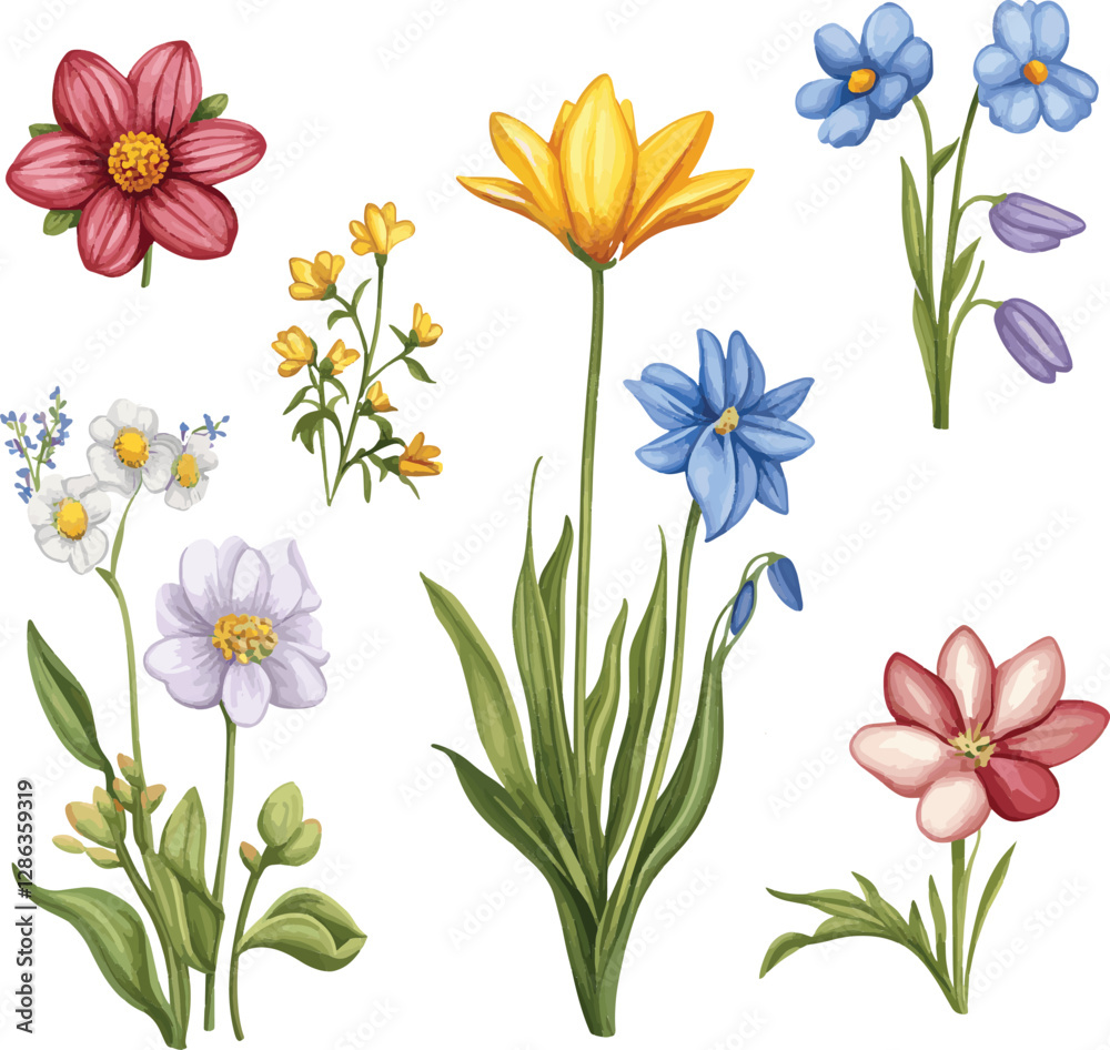 Obraz premium Vector set of spring flowers, including vibrant tulips, daffodils, and bluebells, with fresh green leaves. ideal for use in seasonal illustrations.