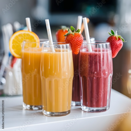 Wallpaper Mural glass of orange juice and strawberry smoothie with fresh strawberries Torontodigital.ca