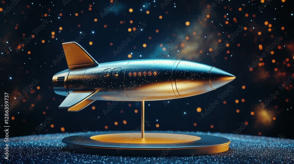 Fototapeta premium Elegant Metallic Rocket Model Displayed Against Starry Background