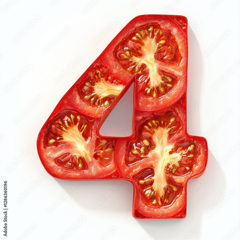 Naklejka premium Number 4 made of bright red tomato slices with rich juicy pulp and natural shine isolated on a clean white background