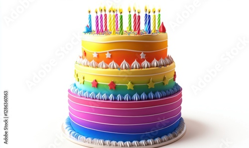 Three-tiered rainbow birthday cake with lit candles on white background photo
