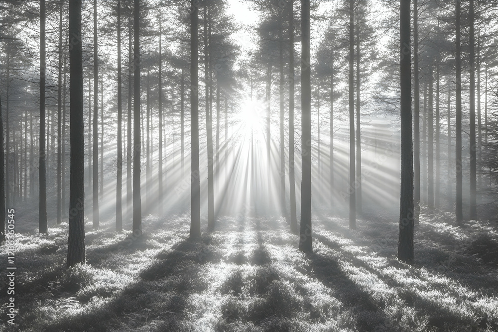 Fototapeta premium Sunlight Beams Through Misty Forest