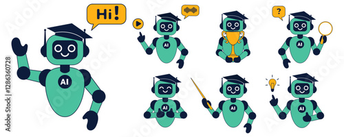 Set modern flat illustrations of cute ai robot, chatbot in school education. Artificial intelligence in school education concept. Vector illustration isolated on white background.