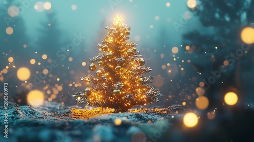 Vibrant holiday scene with a glowing Christmas tree, adorned with gold ornaments and twinkling lights, set against a soft bokeh background.