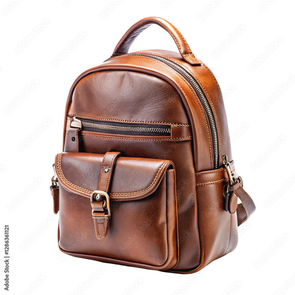 Naklejka premium Brown leather mini backpack isolated on transparent background 