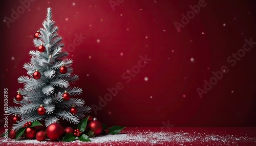 Dark maroon background with silver Christmas tree and holly decorations, elegant, winter, holiday