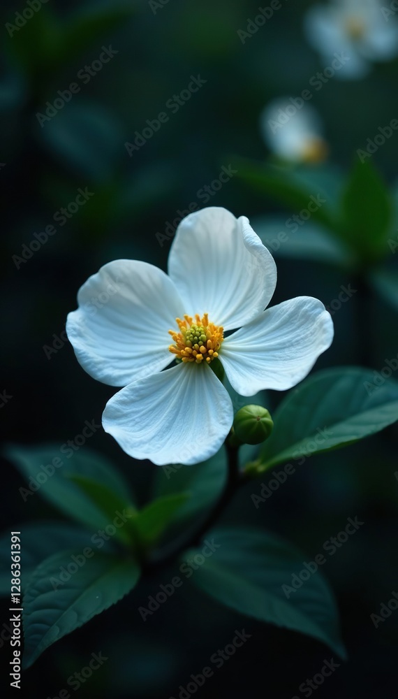 Obraz premium Delicate petals of white dogwood blossoms glow softly in the dark, dark, flowers, petals