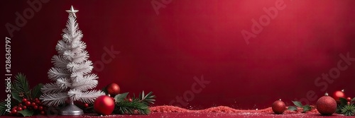 Dark maroon background with silver Christmas tree and holly decorations, holly, decoration