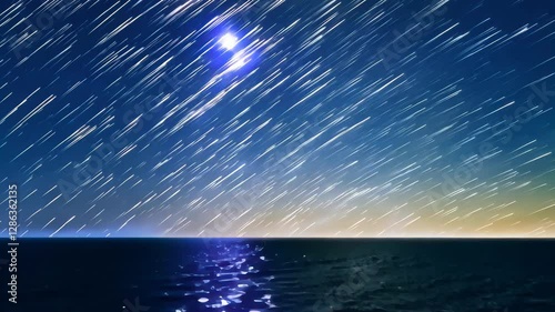 Meteor shower over ocean at dusk captured in stunning night sky display
