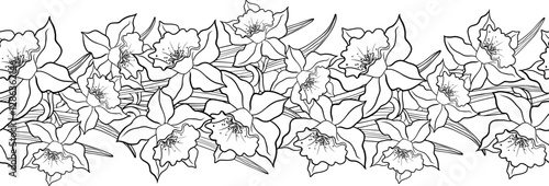 Seamless Floral Garland With Linear Pattern Of Daffodil Flowers And Leaves