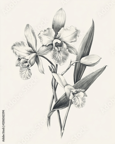 Delicate pencil drawing of orchids showcasing intricate details and natural beauty. artwork captures elegance of flowers with fine lines and shading