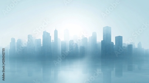Abstract cityscape silhouette with reflective water in a cool misty blue tone