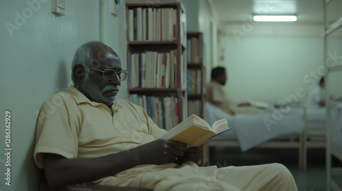 Elderly man reading in a library, possibly located in a clinic or hospital, surrounded by books and patients in the background, creating a serene and intellectual atmosphere.
