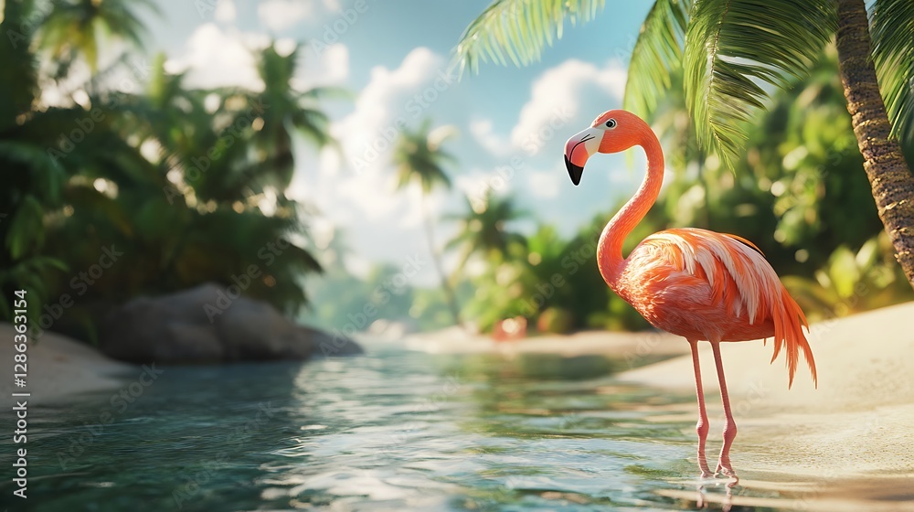 Fototapeta premium A stuffed flamingo standing gracefully in the shallow waters of a tropical beach