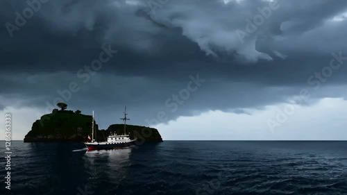 Dramatic storm clouds rolling over island and ocean horizon