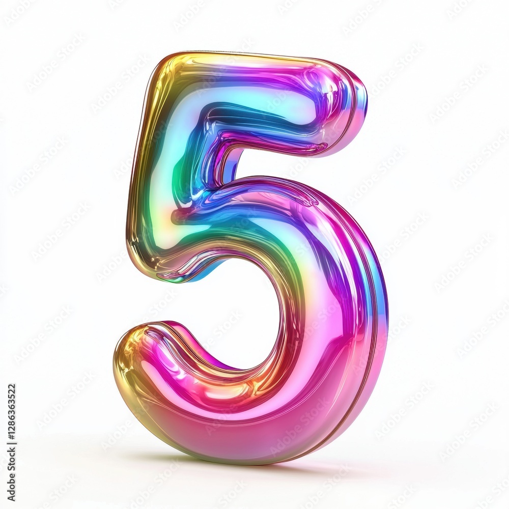 Number 5 made of holographic foil with shifting rainbow reflections and smooth futuristic texture isolated on a clean white background Number 5 made of holographic foil with shifting rainbow reflections and smooth futuristic texture isolated on a clean white background