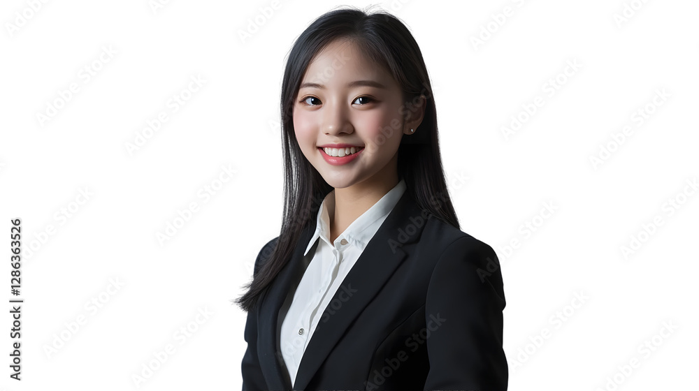 Beautiful portrait of a young female with bang haired style girl model, wearing an exquisite black suit and white shirt, with a confident smile, full body view, mockup template concept business Beautiful portrait of a young female with bang haired style girl model, wearing an exquisite black suit and white shirt, with a confident smile, full body view, mockup template concept business