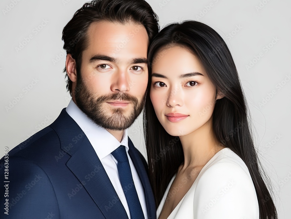 Elegant couple portrait with confident expressions in formal attire stylish romantic atmosphere modern professional fashion photography Elegant couple portrait with confident expressions in formal attire stylish romantic atmosphere modern professional fashion photography