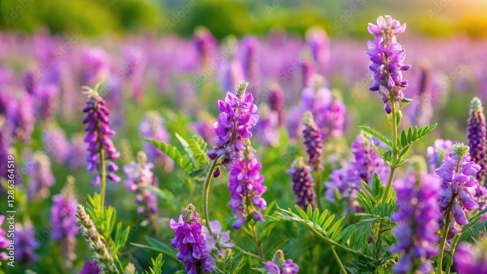 Field of Mongolian milkvetch with purple flowers and green leaves , purple flowers, botanical Field of Mongolian milkvetch with purple flowers and green leaves , purple flowers, botanical