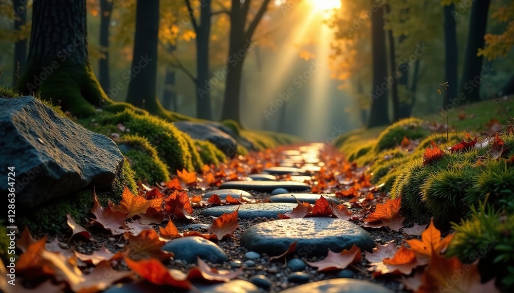 Dark stones and fallen leaves create a natural pathway through the forest, stone, autumnal Dark stones and fallen leaves create a natural pathway through the forest, stone, autumnal