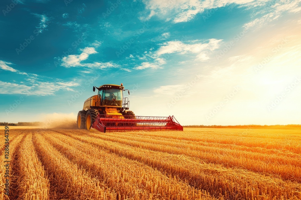 Beautiful Shot of Harvester Machinery on the Farm with a Blue Sky Background Beautiful Shot of Harvester Machinery on the Farm with a Blue Sky Background