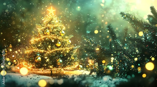 Vibrant holiday scene with a glowing Christmas tree, adorned with gold ornaments and twinkling lights, set against a soft bokeh background.