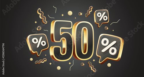 Mega sale, 50 special offer banner. Golden sign board promotion. Vector illustration