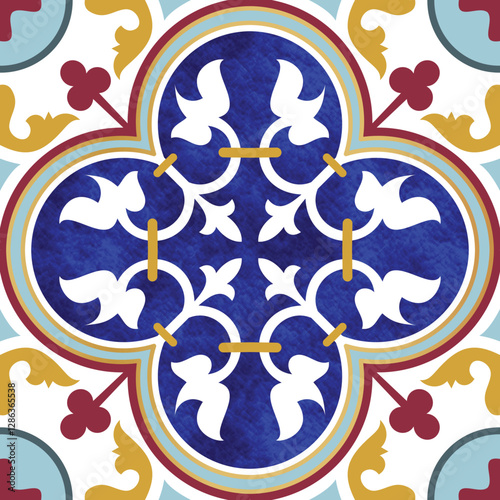 Seamless ceramic tiles patten, blue pottery pattern, with white color floral motifs on royal blue background pattern
repeating floral pattern in blue, white, red, and gold.. great for Digital print