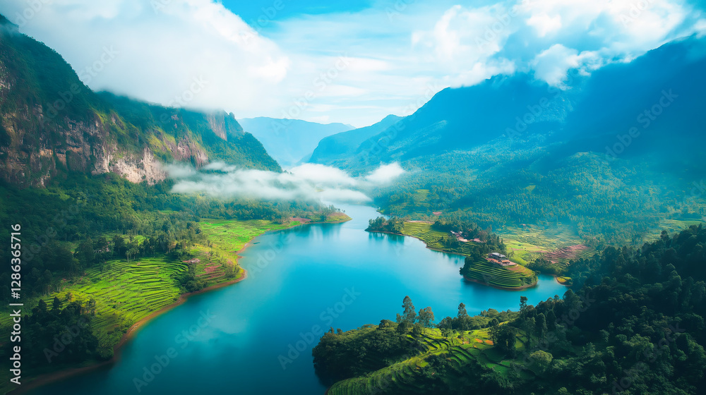 Obraz premium Breathtaking aerial view of a serene mountain lake surrounded by lush green rice terraces and misty peaks