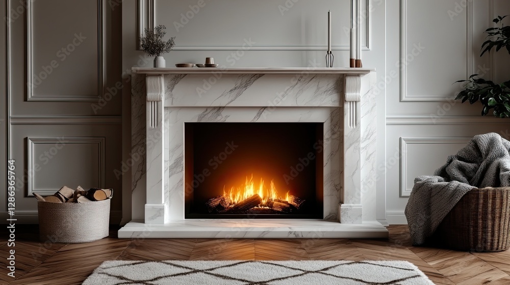 A traditional marble fireplace with soft flames, set against white paneling and a warm wooden floor. 