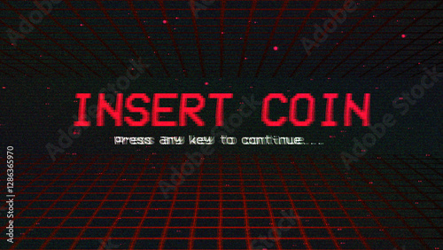 Insert Coin, vintage arcade game screen with glitch effect