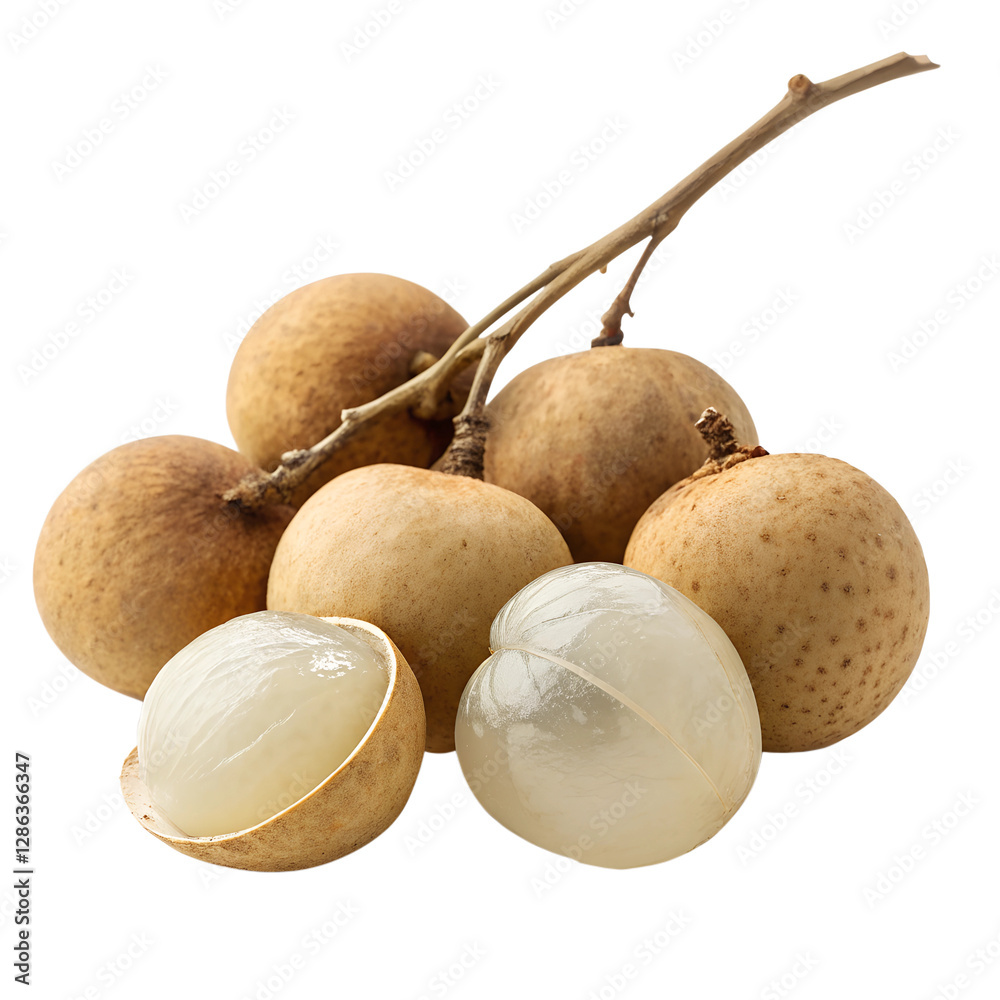 A cluster of longans with thin brown skin and translucent white flesh, placed elegantly on an isolated white background, in a minimalist art style with soft diffused lighting to emphasize A cluster of longans with thin brown skin and translucent white flesh, placed elegantly on an isolated white background, in a minimalist art style with soft diffused lighting to emphasize